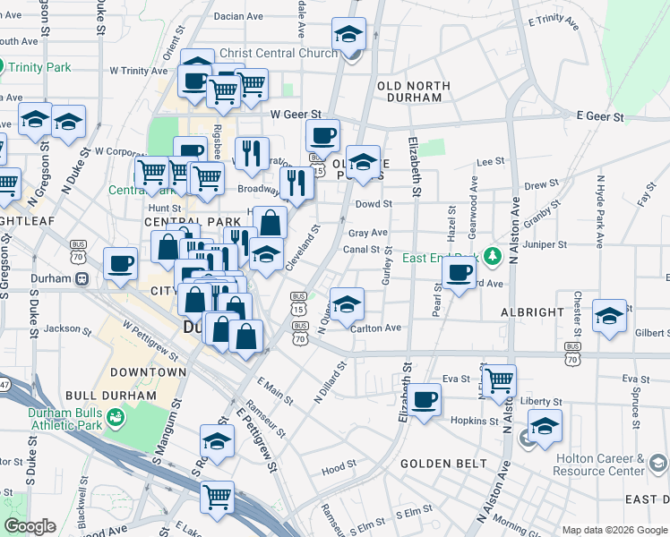 map of restaurants, bars, coffee shops, grocery stores, and more near 700 North Roxboro Street in Durham