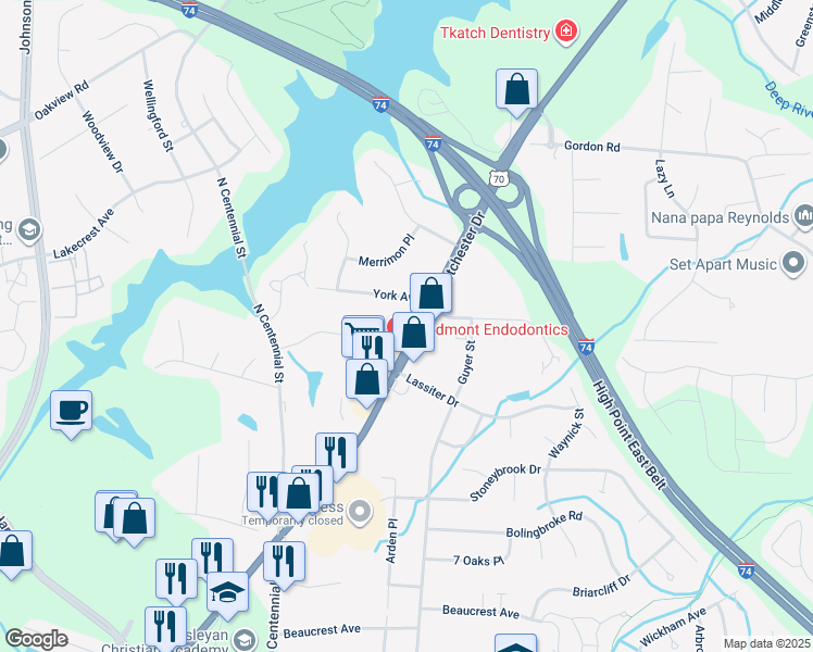 map of restaurants, bars, coffee shops, grocery stores, and more near 1403 Eastchester Drive in High Point