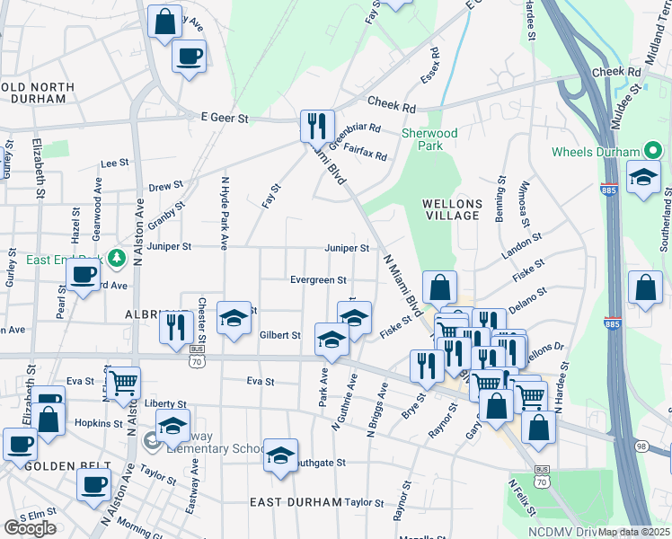 map of restaurants, bars, coffee shops, grocery stores, and more near 1204 Park Avenue in Durham