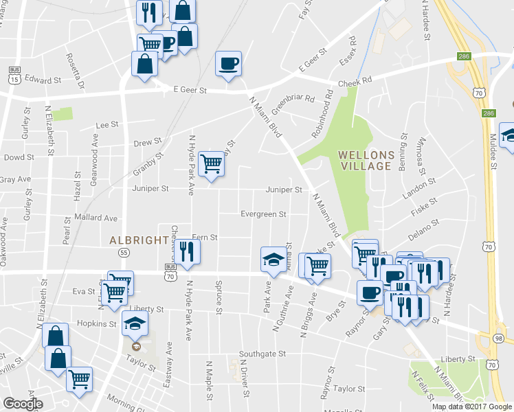 map of restaurants, bars, coffee shops, grocery stores, and more near 1204 North Driver Street in Durham