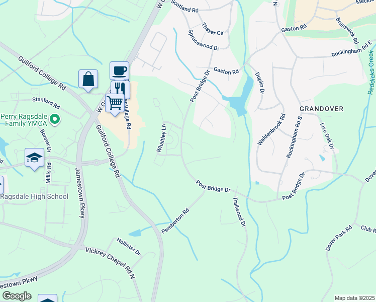 map of restaurants, bars, coffee shops, grocery stores, and more near 4103 Dunley Court in Greensboro