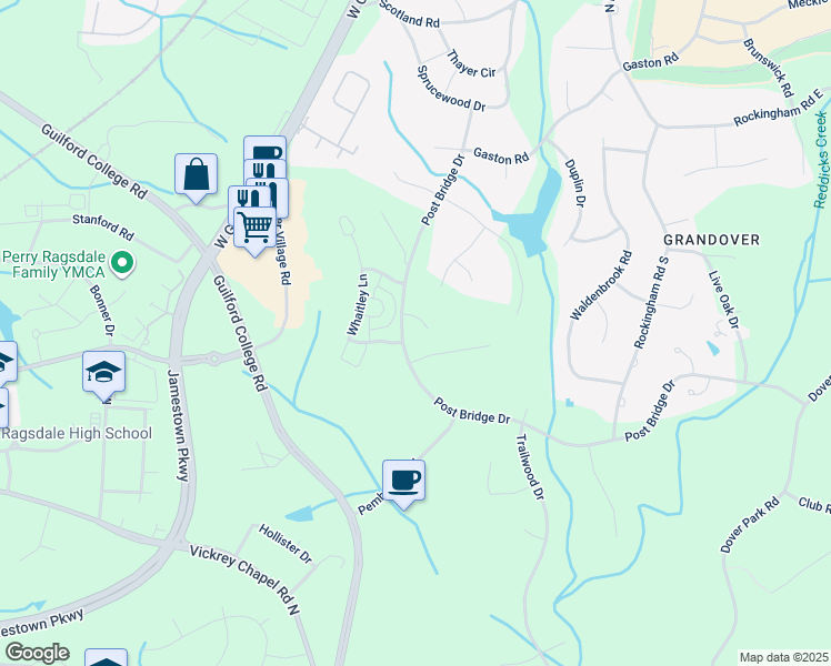 map of restaurants, bars, coffee shops, grocery stores, and more near 4103 Dunley Court in Greensboro