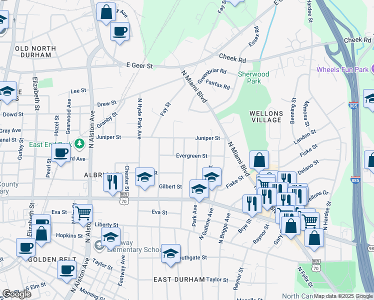 map of restaurants, bars, coffee shops, grocery stores, and more near 1204 North Driver Street in Durham
