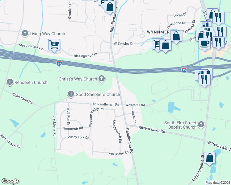 map of restaurants, bars, coffee shops, grocery stores, and more near 3436 Randleman Road in Greensboro