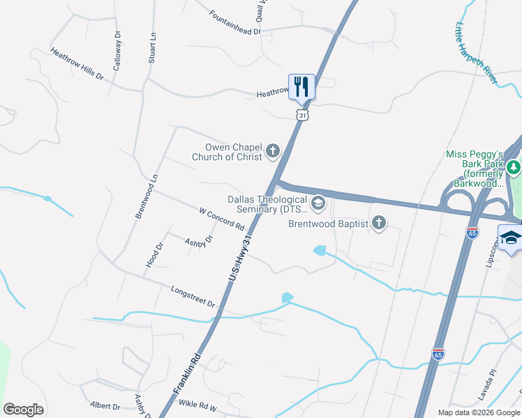 map of restaurants, bars, coffee shops, grocery stores, and more near 1101 Franklin Road in Brentwood