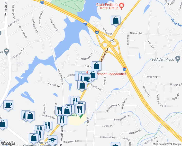 map of restaurants, bars, coffee shops, grocery stores, and more near 1403 Eastchester Drive in High Point
