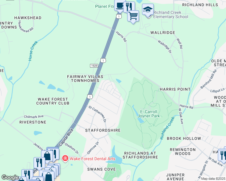 map of restaurants, bars, coffee shops, grocery stores, and more near 13120 Capital Boulevard in Wake Forest
