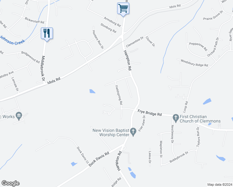 map of restaurants, bars, coffee shops, grocery stores, and more near 4630 Fieldspring Road in Clemmons