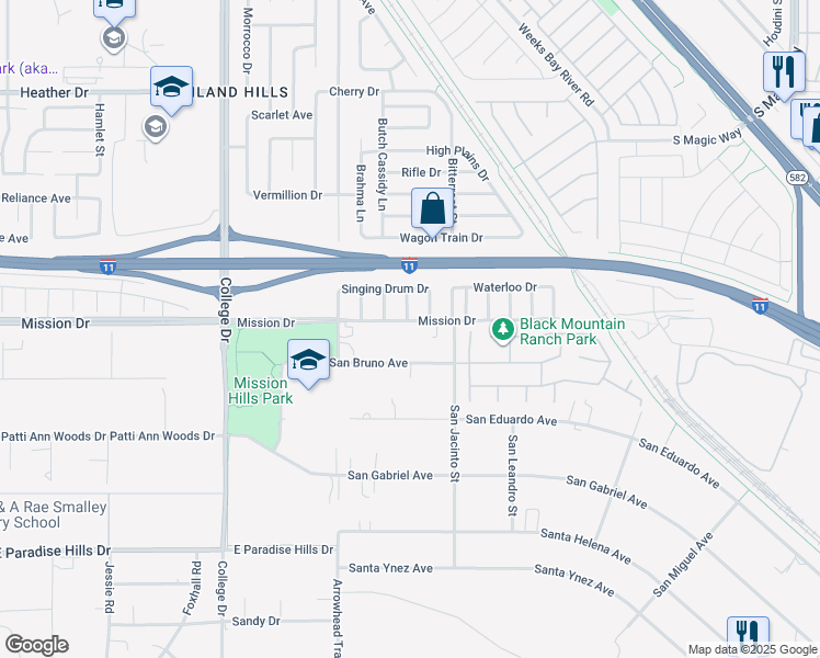 map of restaurants, bars, coffee shops, grocery stores, and more near 835 Mission Drive in Henderson