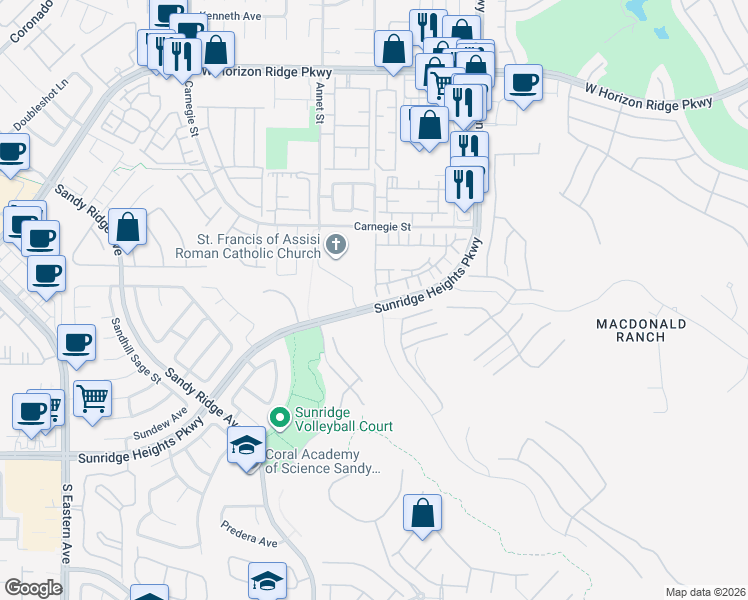 map of restaurants, bars, coffee shops, grocery stores, and more near 800 Harbinger Street in Henderson