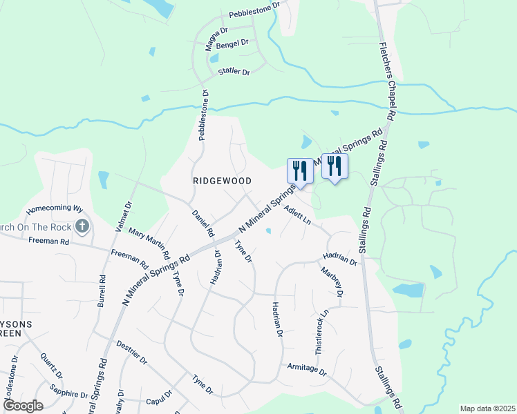 map of restaurants, bars, coffee shops, grocery stores, and more near 7 Tarrywood Court in Durham