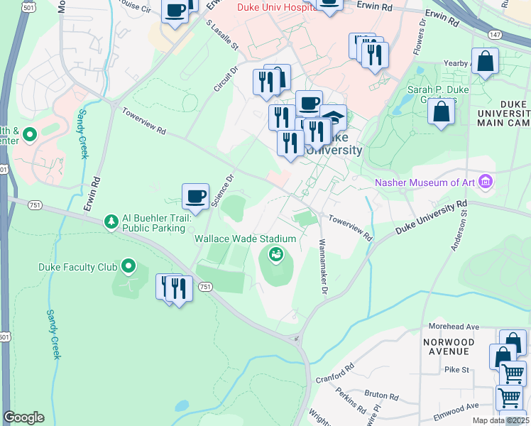 map of restaurants, bars, coffee shops, grocery stores, and more near 115 Whitford Drive in Durham