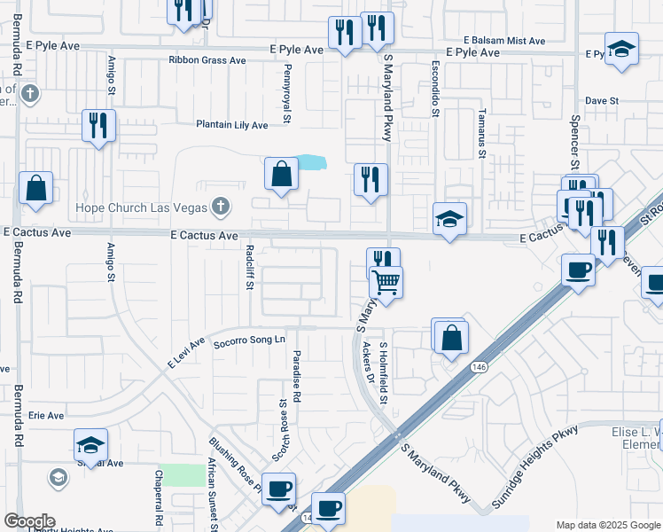 map of restaurants, bars, coffee shops, grocery stores, and more near 10563 Pueblo Springs Street in Las Vegas