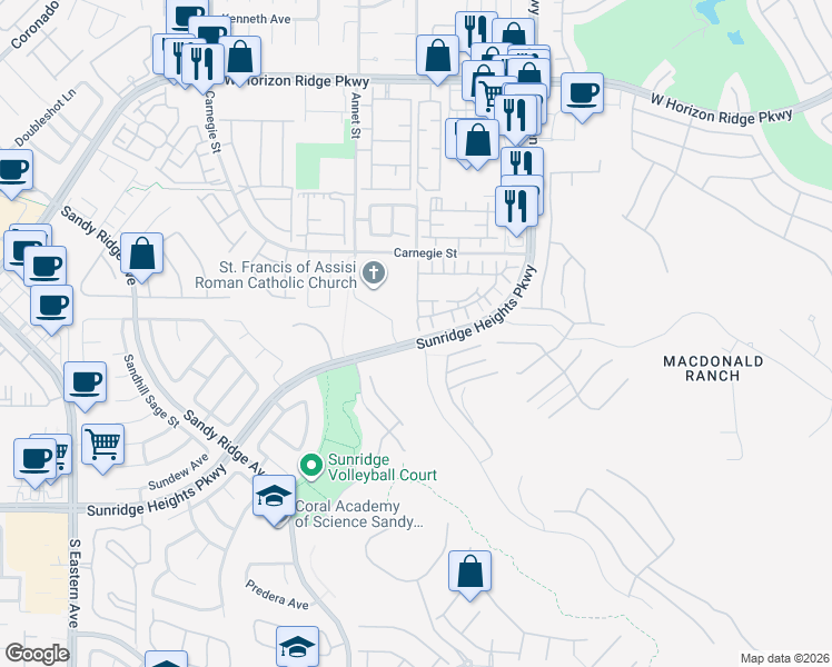 map of restaurants, bars, coffee shops, grocery stores, and more near 800 Harbinger Street in Henderson