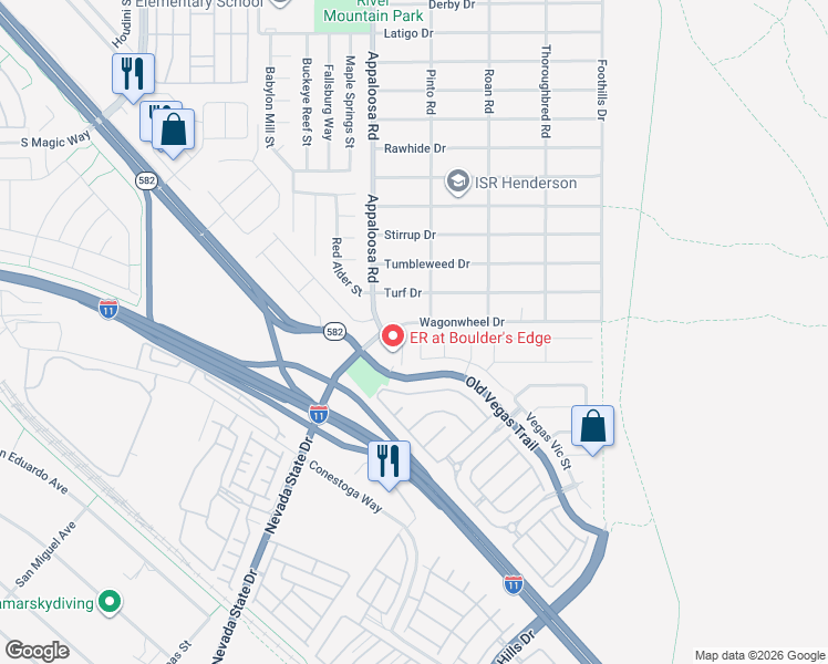 map of restaurants, bars, coffee shops, grocery stores, and more near 1540 Wagon Wheel Drive in Henderson