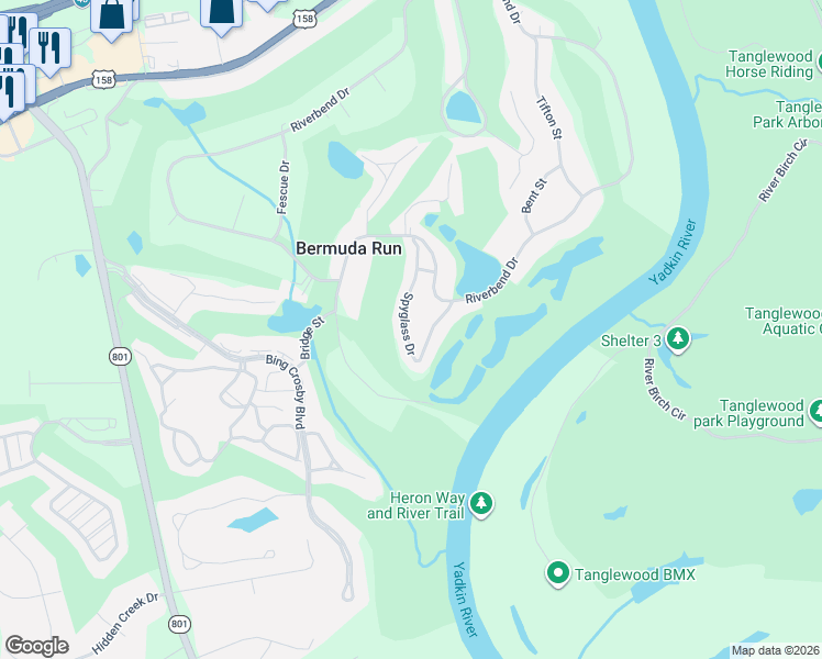 map of restaurants, bars, coffee shops, grocery stores, and more near 165 Spyglass Drive in Bermuda Run