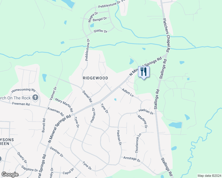 map of restaurants, bars, coffee shops, grocery stores, and more near 2 Tarrywood Court in Durham