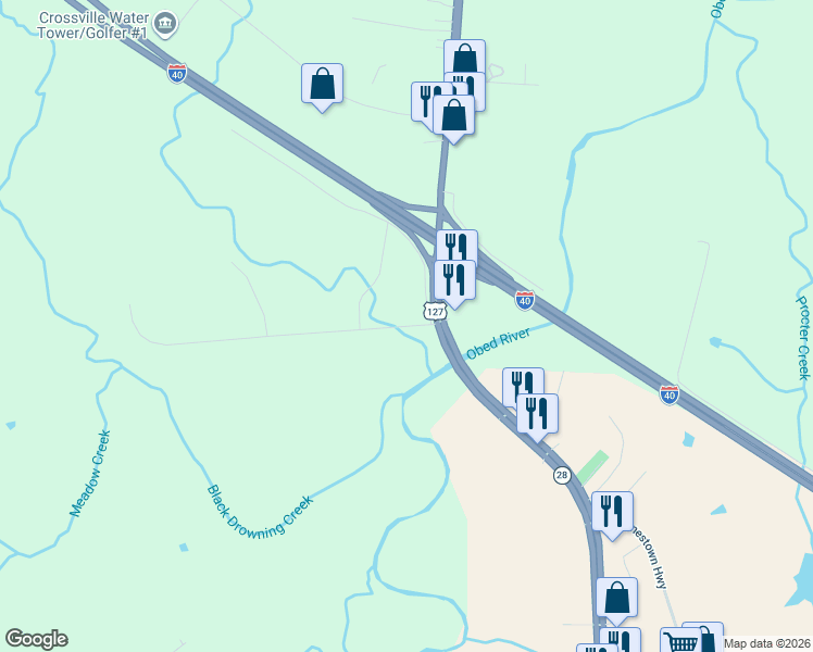 map of restaurants, bars, coffee shops, grocery stores, and more near 100 Crossroads Drive in Crossville