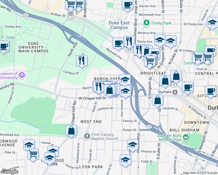 map of restaurants, bars, coffee shops, grocery stores, and more near 819 Burch Avenue in Durham