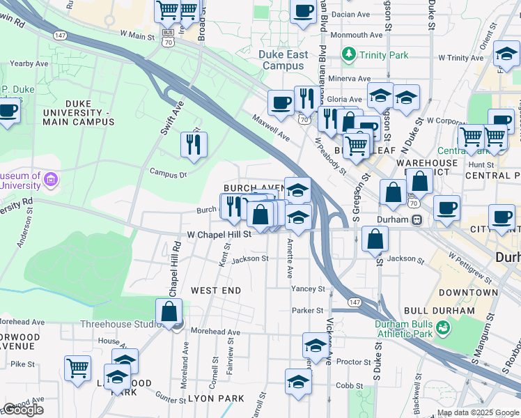 map of restaurants, bars, coffee shops, grocery stores, and more near 819 Burch Avenue in Durham