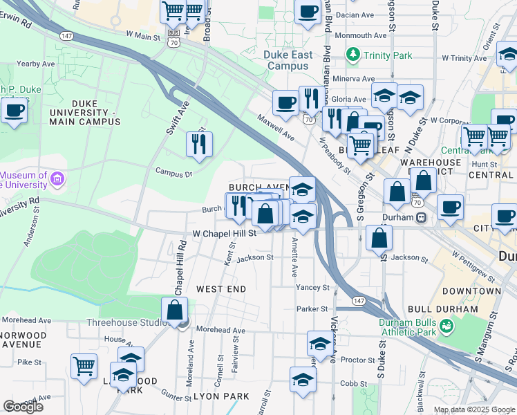 map of restaurants, bars, coffee shops, grocery stores, and more near 824 Burch Avenue in Durham