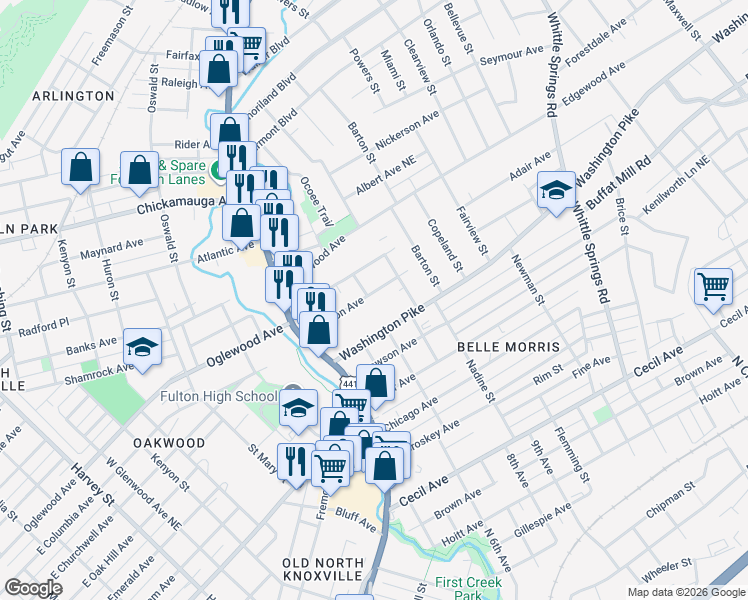 map of restaurants, bars, coffee shops, grocery stores, and more near 1611 Branson Avenue in Knoxville