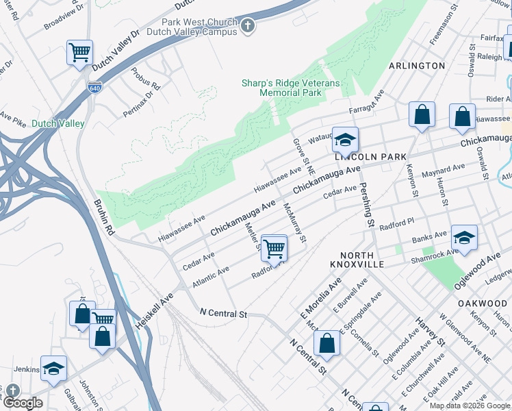 map of restaurants, bars, coffee shops, grocery stores, and more near 343 Chickamauga Avenue in Knoxville