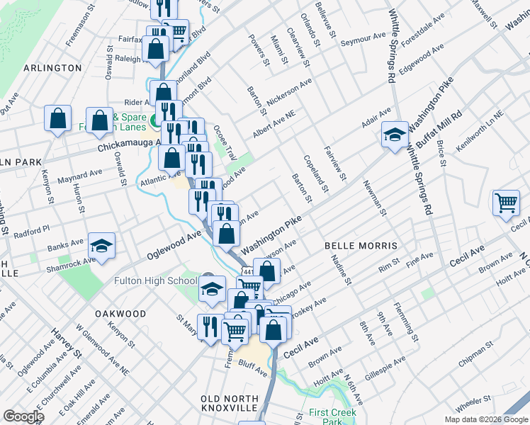 map of restaurants, bars, coffee shops, grocery stores, and more near 1611 Branson Avenue in Knoxville
