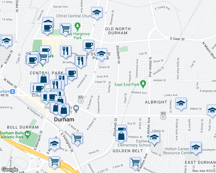 map of restaurants, bars, coffee shops, grocery stores, and more near 577 Mallard Avenue in Durham