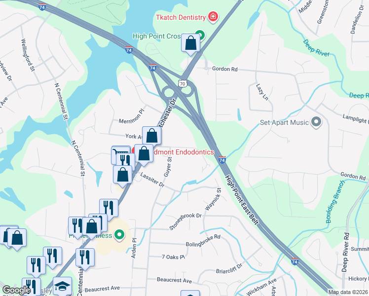 map of restaurants, bars, coffee shops, grocery stores, and more near 2507 Ambassador Court in High Point