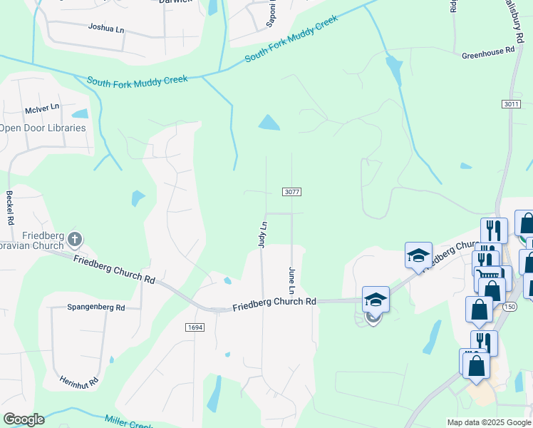 map of restaurants, bars, coffee shops, grocery stores, and more near Judy Lane in Winston-Salem