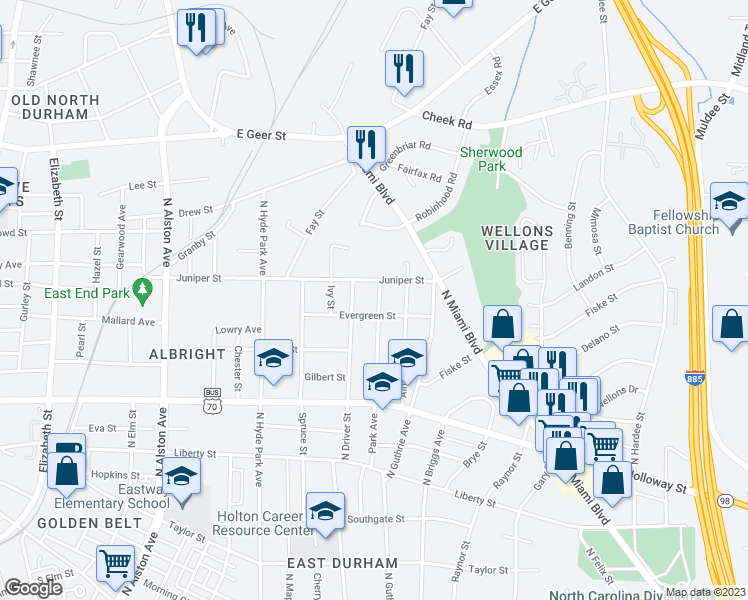 map of restaurants, bars, coffee shops, grocery stores, and more near 1207 Park Avenue in Durham