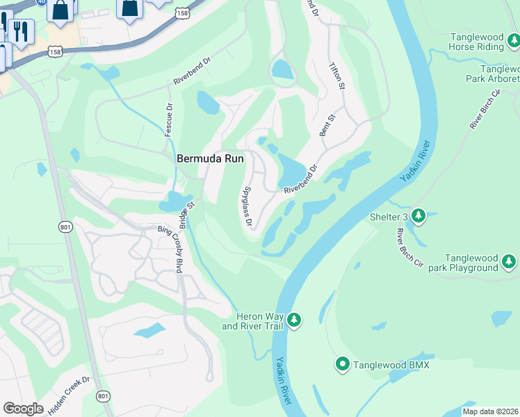 map of restaurants, bars, coffee shops, grocery stores, and more near 165 Spyglass Drive in Bermuda Run
