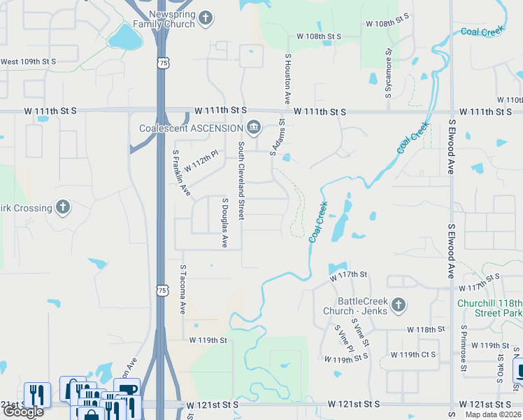 map of restaurants, bars, coffee shops, grocery stores, and more near 2638 West 114th Street South in Jenks