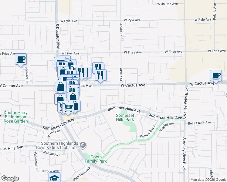 map of restaurants, bars, coffee shops, grocery stores, and more near 4458 Verdiccio Avenue in Las Vegas