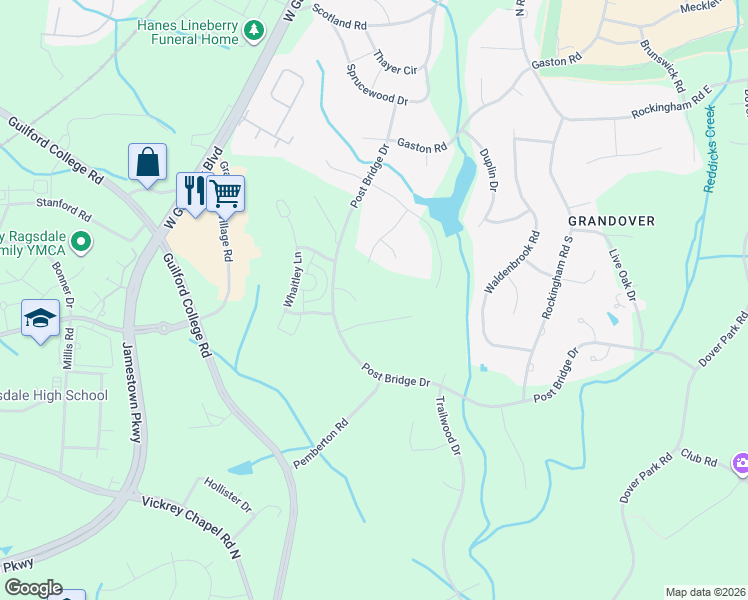 map of restaurants, bars, coffee shops, grocery stores, and more near 4104 Dunley Court in Greensboro