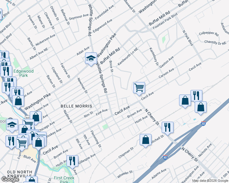map of restaurants, bars, coffee shops, grocery stores, and more near 2201 Brice Street in Knoxville