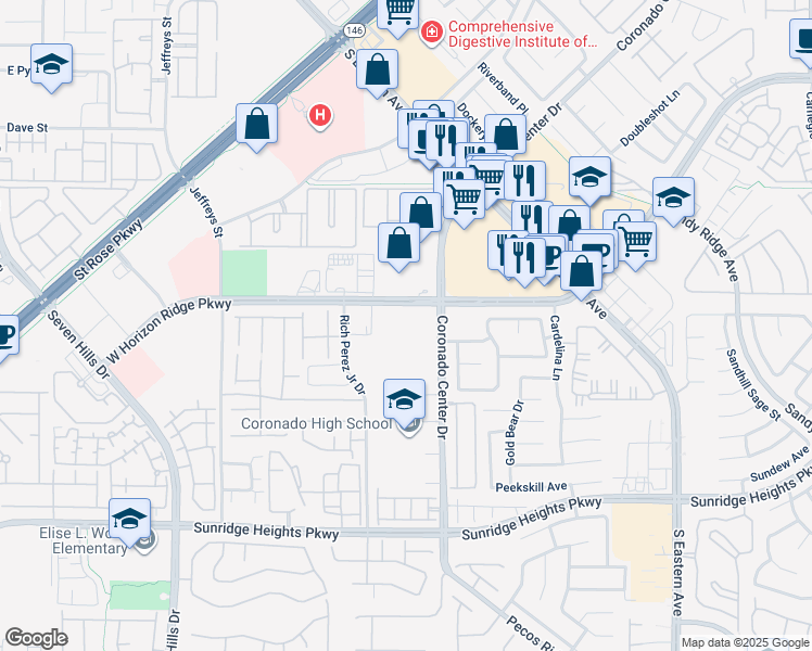 map of restaurants, bars, coffee shops, grocery stores, and more near 2821 West Horizon Ridge Parkway in Henderson