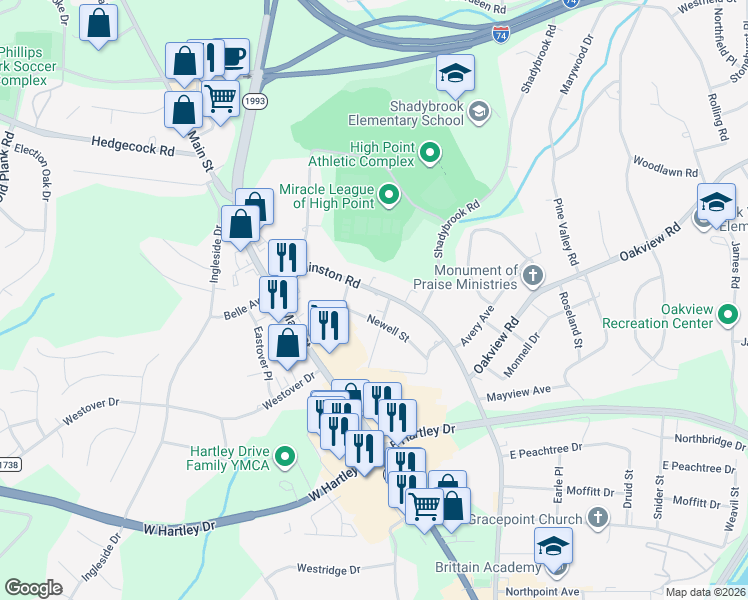 map of restaurants, bars, coffee shops, grocery stores, and more near 911 Old Winston Road in High Point