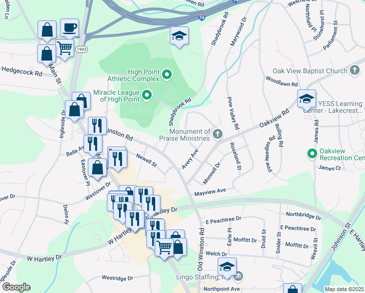 map of restaurants, bars, coffee shops, grocery stores, and more near 813 Pine Circle Drive in High Point