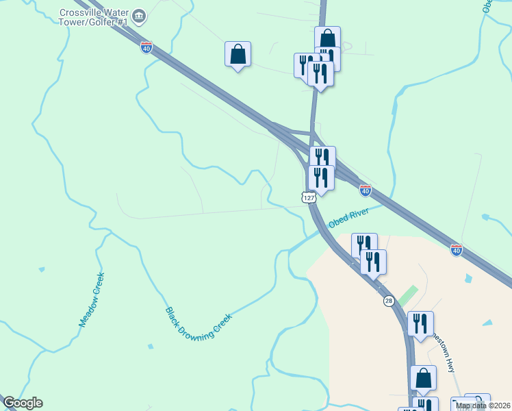 map of restaurants, bars, coffee shops, grocery stores, and more near 100-368 Crossroads Drive in Crossville