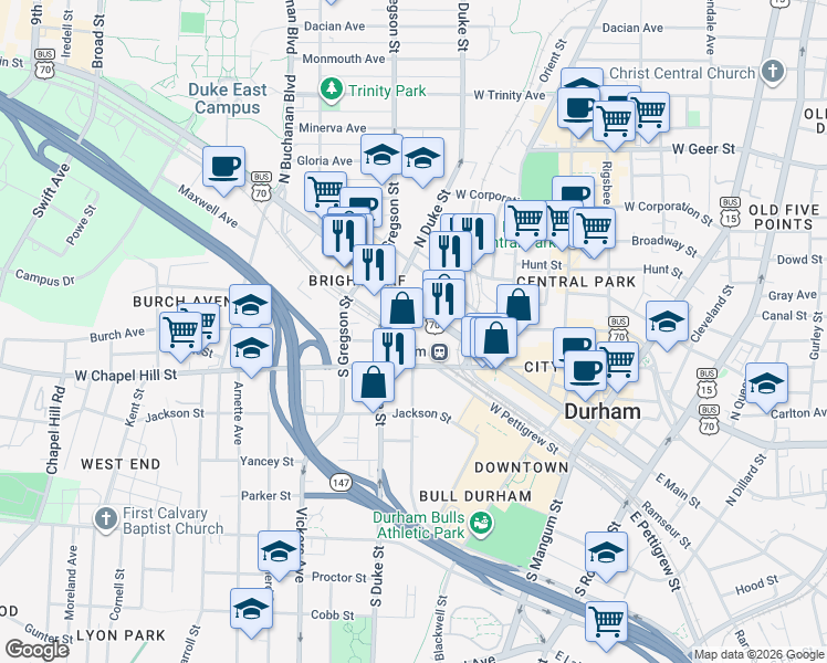 map of restaurants, bars, coffee shops, grocery stores, and more near 605 West Main Street in Durham