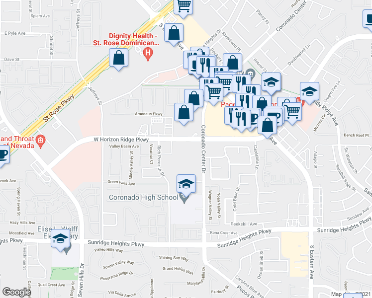 map of restaurants, bars, coffee shops, grocery stores, and more near 2821 West Horizon Ridge Parkway in Henderson