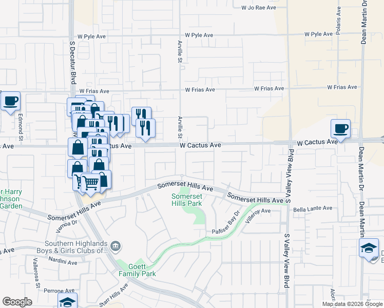 map of restaurants, bars, coffee shops, grocery stores, and more near 4394 Livorno Avenue in Las Vegas