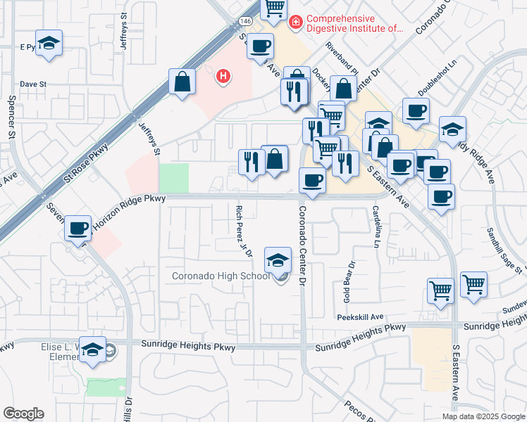 map of restaurants, bars, coffee shops, grocery stores, and more near 2855 West Horizon Ridge Parkway in Henderson