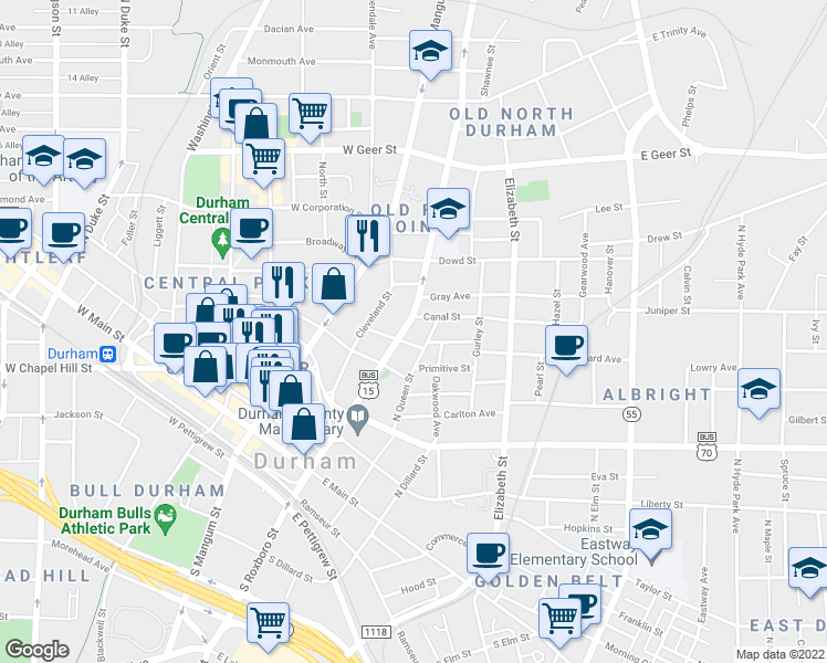 map of restaurants, bars, coffee shops, grocery stores, and more near 700 North Roxboro Street in Durham