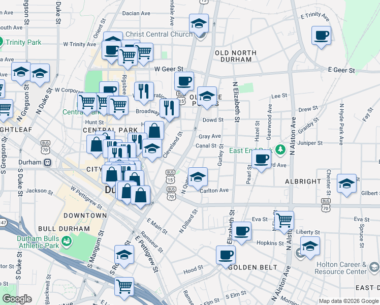 map of restaurants, bars, coffee shops, grocery stores, and more near in Durham