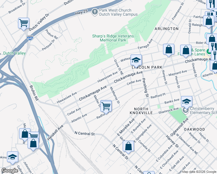 map of restaurants, bars, coffee shops, grocery stores, and more near 410 Chickamauga Avenue in Knoxville