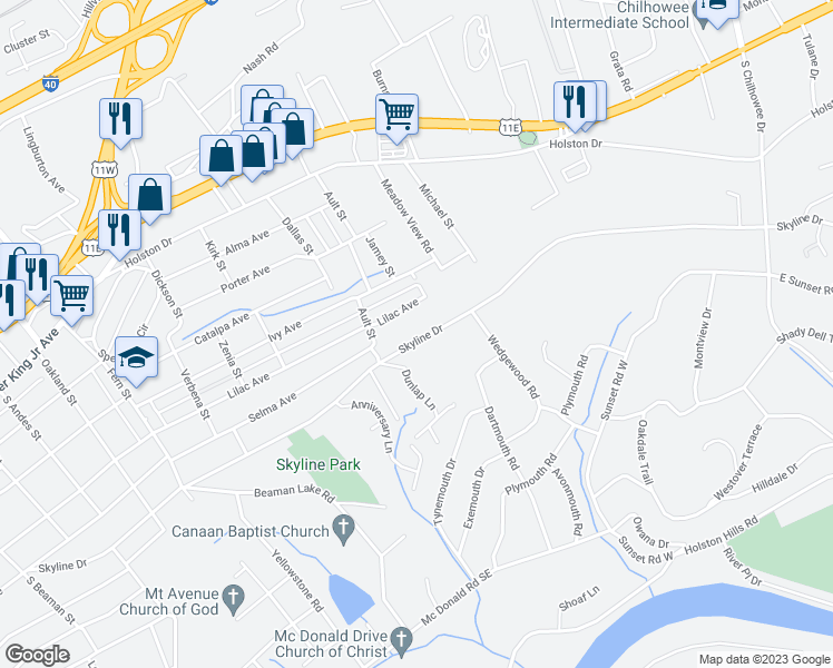 map of restaurants, bars, coffee shops, grocery stores, and more near 4233 Skyline Drive in Knoxville