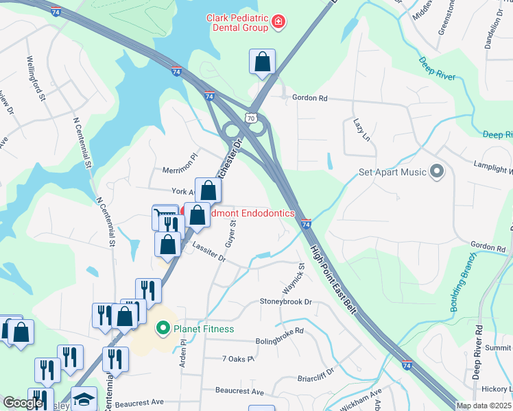 map of restaurants, bars, coffee shops, grocery stores, and more near 2507 Ambassador Court in High Point